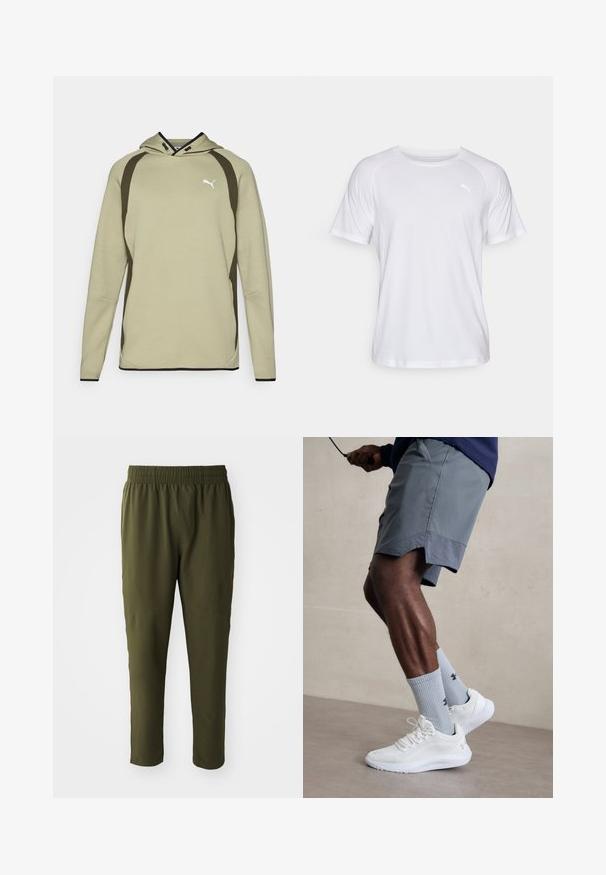 Hellgrüner Hoodie mit einer Kängurutasche, schwarzen Akzenten entlang der Seiten und am Saum sowie einem weißen Logo auf der Brust. Weiches, strukturiertes Material.; Weißes, kurzärmliges Sportshirt mit glatter Textur. Es hat einen runden Ausschnitt und ein kleines Logo in einer hellen Farbe auf der linken Brust.; Olivgrüne Hose aus einem glatten, leichten Material. Sie verfügt über einen elastischen Bund und schmal zulaufende Beine mit genähten Details.; Weiße Sportschuhe mit strukturiertem Mesh-Obermaterial, kombiniert mit hellblauen gerippten Socken mit einem Logo. Graue Sportshorts mit perforiertem Saum.