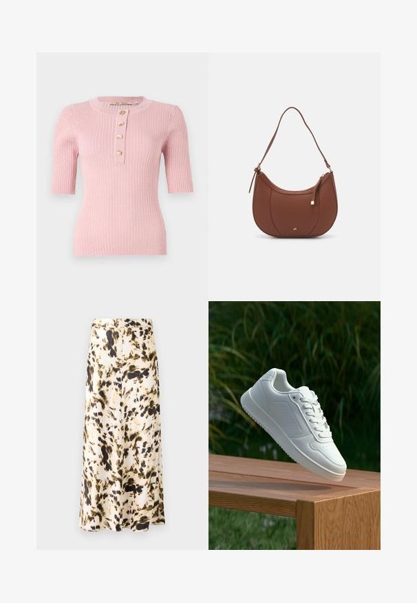 Pink ribbed knit short-sleeve top with a round neckline and five gold leaf-shaped buttons along the front. Fitted silhouette.; A knee-length skirt in a light fabric with a beige, brown, and green abstract pattern. Features a fitted waistband and flowing design.; White sneaker with a smooth synthetic upper, perforated toe box, flat laces, and a textured sole, displayed on a wooden surface.; Brown faux leather shoulder bag with curved shape, minimal stitching, and a gold-tone hardware accent. Features a top zipper closure and adjustable strap.