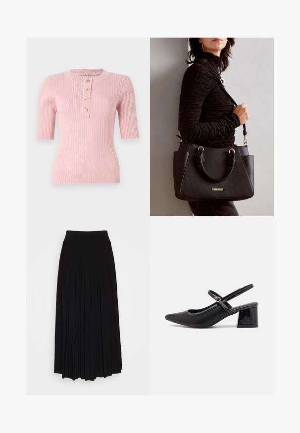 Rožinis raštuotas megztinis su trumpomis rankovėmis, apvaliu iškirpimu ir penkiomis auksinėmis lapo forma dekoruotomis mygtukais priekyje. Prigludusi siluetas.; Juodas plisuotas sijonas su aukštu, tampri juosta. Pagamintas iš minkštos medžiagos, turi vertikalias plisėles, sukuriantis laisvą siluetą.; Juodi patentinio odos slingback aukštakulniai su smailiu pirštu, apvaliu išpjovimu ir blokiniu kulnu. Papuošti auksiniu juostos akcentu.; Juodas rankinės maišelis su struktūrizuota paviršiumi, dvigubais viršutiniais rankenėlėmis ir reguliuojamu peties diržu. Įrengtas aukso spalvos furnitūra ir šoninės kišenės.