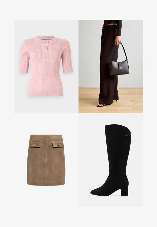 Roza rebrasta pletena majica s kratkimi rokavi, okroglim izrezom in petimi zlatimi gumbi v obliki listov ob sprednjem delu. Prilegajoča silhueta.; Rjava semi krila iz jasnega sued materiala z gladko teksturo, ki imata spredaj dva žepa z flapom in gumbom na vsaki strani. Preprost, raven dizajn.; Črne semiš škornje do kolen s koničastim nosom in blok peto. Imajo gladko teksturo in preprost dizajn, s stranskim trakom kot poudarkom.; Črna torbica z strukturirano obliko, gladko teksturo in kovinskim zaponko. Ujemajo se z širokimi črnimi hlačami in odprtimi sandali na lesenem tleh.