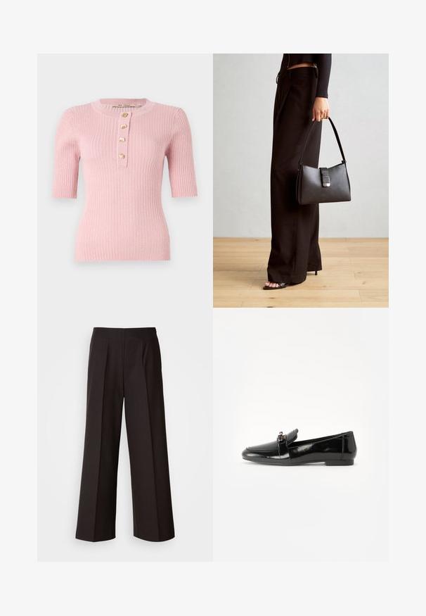 Różowy prążkowany top z krótkim rękawem z okrągłym dekoltem oraz pięcioma złotymi guzikami w kształcie liści z przodu. Dopasowany krój.; Czarne spodnie szerokie w nogawkach z płaskim przodem, fałdami i gładką teksturą materiału. Posiadają wysoki stan i dopasowany krój, zapewniający zarysowaną sylwetkę.; Czarne lakierowane loafery z płaską podeszwą, zaokrąglonym noskiem i dekoracyjnym paskiem z złotym akcentem. Gładkie, błyszczące wykończenie.; Czarna torebka o usztywnionym kształcie, gładkiej fakturze i metalowym zapięciem. Połączona z szerokimi czarnymi spodniami i sandałami na otwartym palcu na drewnianej podłodze.