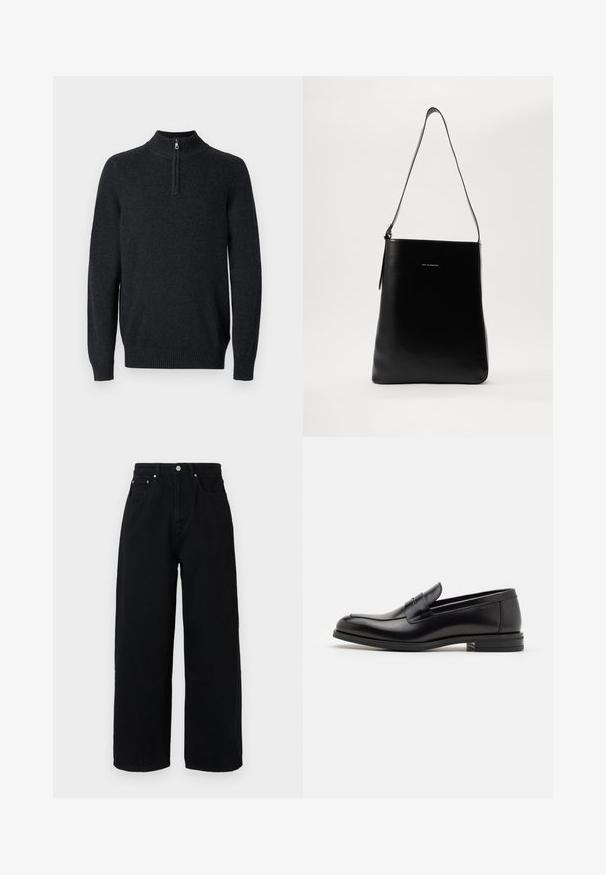 Temno siva dolgi rokav pulover z visokim rebrastim ovratnikom in pol zadrgo. Ima rebraste manšete in spodnji rob za prileganje. Mehka tekstura.; Črne široke hlače iz bombaža, z visokim pasom, sprednjimi žepi, srebrnim gumbom in čistim robom.; Črne usnjene loafer čevlje z gladko teksturo, zaobljenim nosom in dekorativnim trakom čez zgornji del. Nizka zložena peta, minimalističen dizajn.; Črna usnjena torba za ramo z gladko teksturo, pravokotno obliko in dolgim pasom; vsebuje majhen bel logotip na sredini.