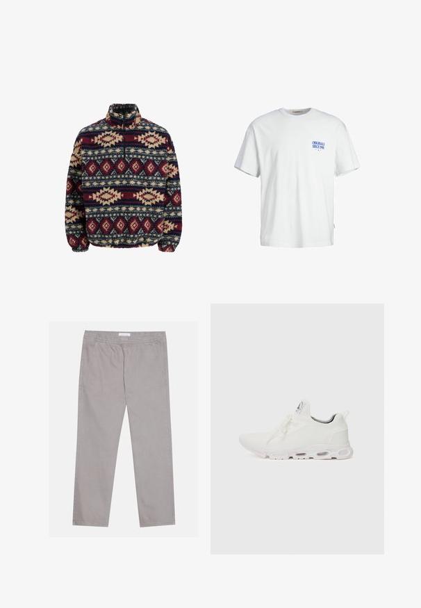 Fleece pullover with half-zip, featuring geometric patterns in navy, maroon, and beige, with elasticized cuffs and a high collar.; White cotton t-shirt with a relaxed fit, features blue text "ORIGINALS SINCE 1990" on the left chest, and a woven label on the side.; Light gray cotton pants with an elastic waistband, two side pockets, straight leg design, and a smooth texture. Simple stitching detail.; White athletic shoes featuring a textured knit upper, flat laces, and a cushioned sole with visible air chambers for added support.