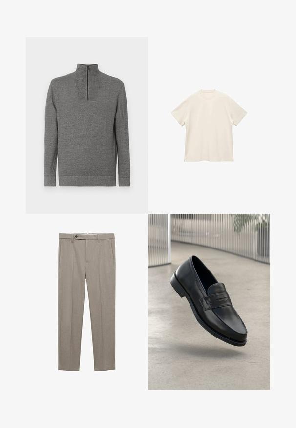 Harmaa neulepaita, jossa on pitkät hihat ja neljänneksen vetoketju korkealla kauluksella, esillä tasaisena valkoista taustaa vasten.; T-paita lyhyillä hihoilla, pyöreällä kaula-aukolla, pehmeästä off-white kankaasta, jossa on sileä pinta ja sivuhalkiot rentoa istuvuutta varten.; Beige-harmaanit, joissa on sileä rakenne, suora istuvuus ja yksi nappisulku edessä. Varustettu sivutaskuilla ja siistillä helman viimeistelyllä.; Mustat nahkaiset loaferit, joissa on sileä pinta, kärjekäs kärki ja koristeellinen remmi jalkapöydän yli. Kevyt pohja, minimalistinen muotoilu.