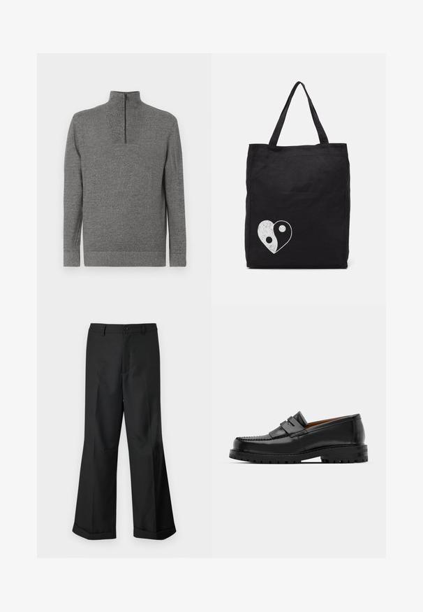 Gray knit sweater with long sleeves and a quarter-zip high collar, displayed flat on a white background.; Black wide-leg trousers with buttoned waistband and cuffed hems, displayed against a plain white background.; Black leather loafers feature a raised seam, two decorative straps on the upper, and a thick textured sole for added grip.; Black tote bag made of canvas, featuring a white yin-yang heart graphic. Two sturdy handles for easy carrying. Simple rectangular design.