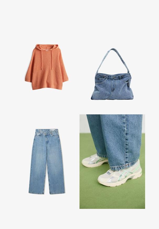 Oranje katoenen oversized hoodie van een gemengde stof met een gestructureerde brei, voorzien van een voorzak en verstelbare koorden aan de capuchon.; Lichtblauwe wijde jeans van denim, met een hoge taille, vijf zakken, knoopsluiting en subtiele vervaging voor textuur.; Witte en zilveren mesh sneakers met groene accenten, gedragen met losse blauwe jeans, staand op een groen tapijt.; Denim schoudertas met een gebogen hengsel, twee voorzakken en een knoopsluiting aan de bovenkant, met lichtblauwe stof en contrasterende stiksels.
