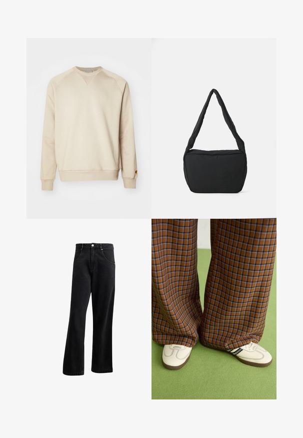 Sweatshirt bege em mistura de algodão suave, com punhos e bainha canelados, mangas raglan e um pequeno detalhe em metal com o logotipo na manga esquerda.; Jeans de ganga preta com um design de perna reta, apresentando bolsos frontais, fecho de botão e uma leve textura. Inclui um detalhe de logótipo discreto.; Calças largas em padrão xadrez castanho e azul, combinadas com sapatos brancos com detalhes pretos e solas texturizadas, contra um fundo verde.; Saco preto de ombro com uma textura almofadada, uma forma arredondada e uma alça larga, apresentando um logótipo em relevo na parte da frente.