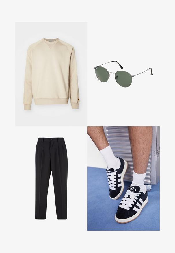 Beige sweatshirt i myk bomullsblanding med ribbestrikkede mansjetter og hem, raglanermer, og en liten metalllogo aksent på venstre erme.; Sorte bukser med plisseret frontdesign, lavet af glat stof. Har knaplukning og bæltesløjfer; rett-bukser.; Sorte semskede sneakers med hvite lisser og tre hvite striper. Har en sirkulær svart logo på tungen og en såle av gummigummi.; Metallinnrammede solbriller med ovale grønne linser. Tynn sølvfarget metallramme og svarte øreplugger. Minimalistisk design, ingen synlige logoer.