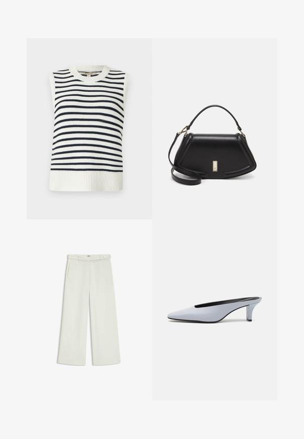 Ärmelloses Stricktop mit Rundhalsausschnitt, mit marineblauen und weißen horizontalen Streifen, geripptem Saum und glatter Textur.; Weite Hose aus zartem Creme-Stoff, mit seitlichen Taschen, flatem Bund und einer Knopfverschluss an der Taille. Glatte Textur.; Helles blaues Lackleder-Mule mit spitzem Zehenbereich, niedrigem transparentem Absatz und einem eleganten Design, das einen Ausschnitt im Vorderblatt aufweist.; Schwarze Lederhandtasche mit einem strukturierten Design, das eine verkürzte Form, einen oberen Griff und goldfarbene Hardware-Details aufweist. Verstellbarer Schulterriemen ist enthalten.
