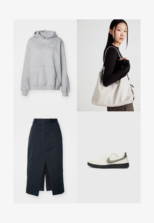 Felpa grigia realizzata in un tessuto morbido con tasca a marsupio, polsini e orlo a coste. Presenta un piccolo logo bianco Jordan sul petto.; Gonna midi blu navy in tessuto misto cotone, con spacco anteriore, zip nascosta e tasche laterali per funzionalità.; Nike Sportswear FIELD GENERAL - Sneakers basse - off-white/black; Borsa a mano beige realizzata in materiale morbido, caratterizzata da un design morbido, dettagli cuciti e due manici. Adatta per l'uso quotidiano.