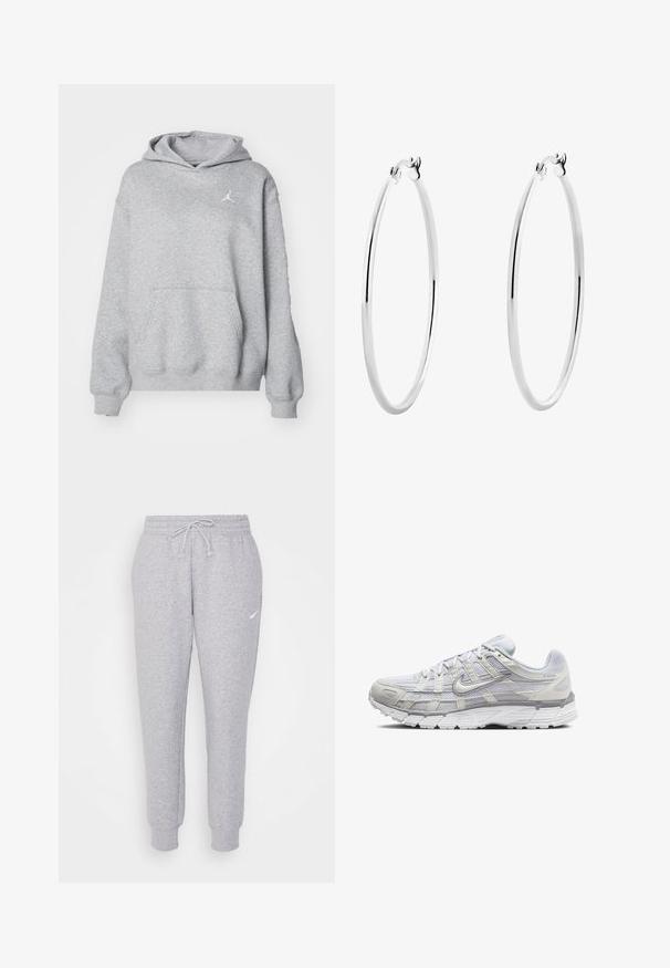 Pilkas megztinis su minkšta medžiaga, turintis kengūros kišenę, bei gumas prie rankovių ir apačios. Ant krūtinės yra mažas baltas Jordan logotipas.; Šviesiai pilkos sportinės kelnės su raišteliais liemeniui, siaurėjančiomis kojomis ir maža balta logotipu kairiajame šlaunyje. Pagamintos iš minkštos, tekstūrizuotos medžiagos.; Šviesiai pilki sportiniai batai su tinkline ir sintetine viršutine dalimi, turintys raištelių užsegimą, paminkštintą apykaklę ir tekstūruotą padą geresnei sukibimo kokybei.; Sidabriniai auskarai žiedai su lygiu, poliruotu paviršiumi ir plonu, apvaliu formatu. Dizainas turi saugų užsegimą.