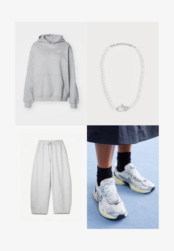 Hanorac gri confecționat dintr-un material moale, cu buzunar tip kangur pe față, mansete și tiv ribbate. Prezintă un mic logo alb Jordan pe piept.; Pantaloni de trening gri deschis, cu o croială lejeră, talie elastică, șnur și buzunare laterale; realizați dintr-un material moale, texturat.; Adidași Nike albi și argintii, cu material din plasă, accente reflexive și talpă bej. Purtați cu șosete negre, stând pe o suprafață albastră.; Colier din perle albe cu forme și dimensiuni variate, având un închizător din argint. Textură netedă cu finisaj lucios.