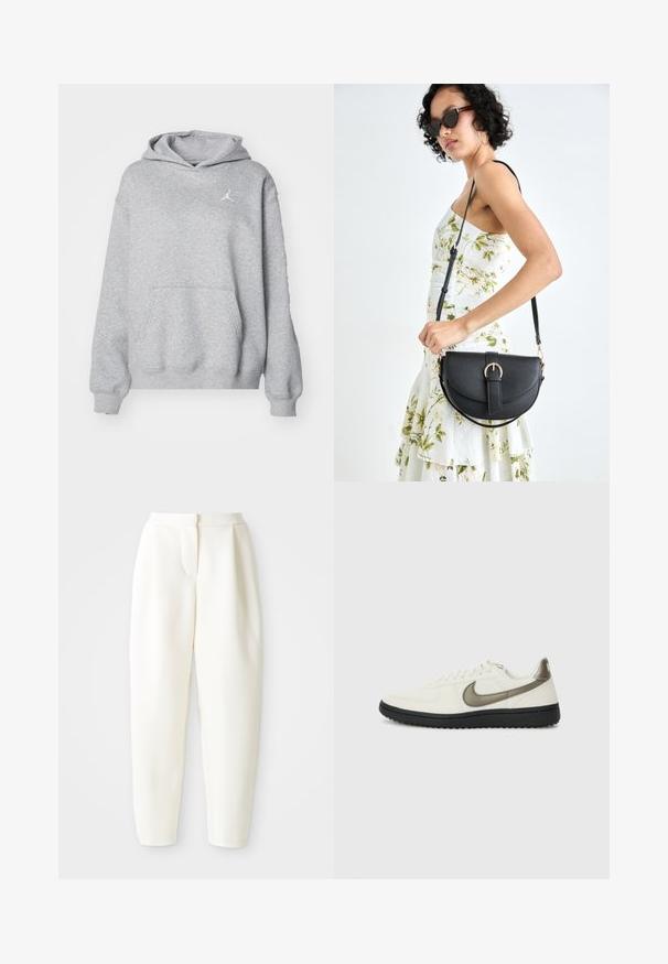 Grå hettegenser laget av mykt stoff med kengurulomme, ribbede mansjetter og kant. Har en liten hvit Jordan-logo på brystet.; Høytlivede, smale hvite bukser med skjult frontlukking og sidelommer, vist mot en ensfarget hvit bakgrunn.; Nike Sportswear FIELD GENERAL - Joggesko - off-white/black; Svart lærveske med en buet form, avtagbar stropp og gullbeslag. Vesken har et klaff med spenne-detall.