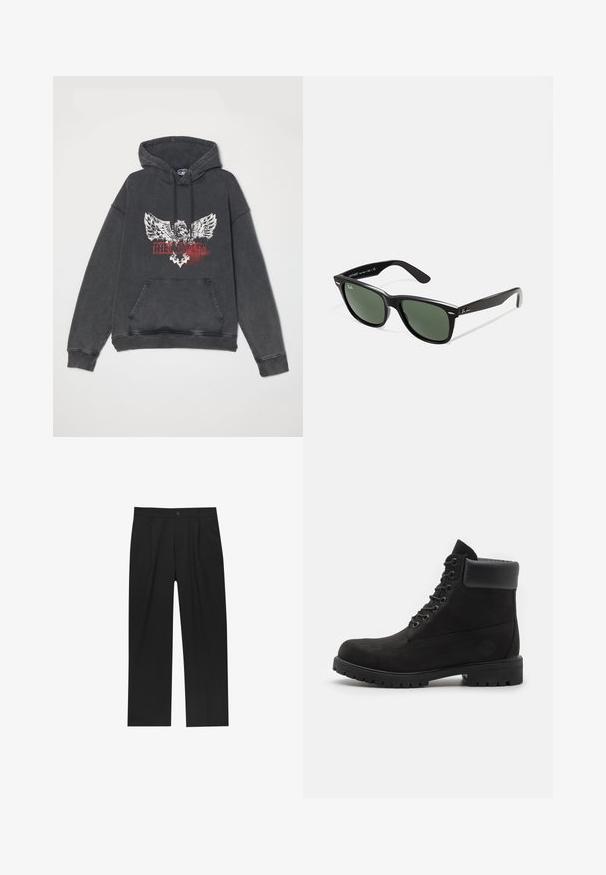 Črna, prevelika kapuca s grafičnim tiskom, ki prikazuje orla in besedilo "Kralji". Vključuje sprednji žep in kapuco s vrvico.; Črne hlače z ravnim krojem, narejene iz gladkega materiala. Imajo sprednje gube in enojno zaponko na pasu.; Črne čipkaste gležnjarje z oblazinjeno obrobo in trdim podplatom, prikazane v profilu na beli podlagi.; Črne plastične sončna očala z zelenimi lečami, kvadratni okvirji, srebrni detajl na obrvi in teksturirani ročaji. Blagovna znamka navedena na notranji strani ročaja.