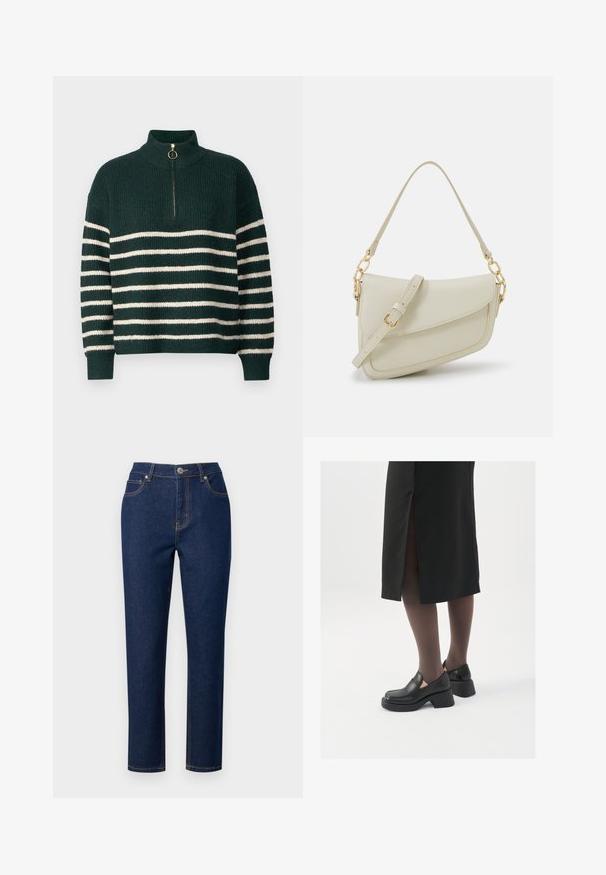 Zeleni pleteni pulover s visokim ovratnikom, okrašen vodoravnimi belimi prugami, četrtno zadrgo z zlatim obročkom ter rebrastimi manšeti.; Tamno plave traperice ravnog kroja, s patentnim zatvaračem, gumbom za zatvaranje i naglašenim šavovima na džepovima i šavovima.; Crne kožne cipele s zaobljenim vrhom, debelim blok petama i elastičnim bočnim detaljima, uparene s tamnim čarapama i crnom suknjom s prorezom.; Mala krem torbica s teksturiranim finišom, dugačkim podesivim remenom, lančanim detaljem i preklopom. Zlaćani hardver.