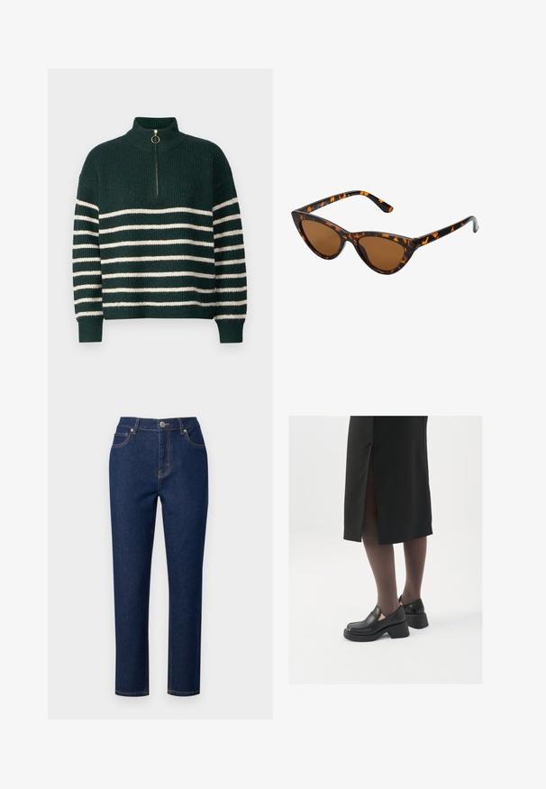Suéter verde de punto con cuello alto, que presenta franjas blancas horizontales, una cremallera de un cuarto con un tirador de anillo dorado y puños acanalados.; Jeans de denim azul oscuro con un corte recto, que presentan una cremallera, cierre de botón y costuras decorativas en los bolsillos y costuras.; Zapatos de piel negra con punta redondeada, tacón grueso y bloque, y acentos elásticos en los laterales, combinados con unos pantys oscuros y una falda negra con una abertura.; Gafas de sol estilo ojo de gato con montura de carey negra y naranja, lentes marrones y puntas elegantes y afiladas. Presenta un logo minimalista en la patilla.