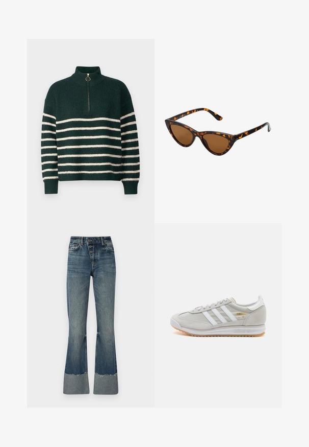 Rohelise kõrge kaelusega kootud sviiter, millel on horisontaalsed valged triibud, veerandi pikkune tõmblukk kuldse rõngastõukega ja soonikkoes mansetid.; Keskmise sinise värvi teksapüksid, millel on kõrge vöökoht, viis nööpi ja rebenenud alumine äär. Alumine äär on heledam ning kangas on kergelt pleekinud.; Heled hallid tossud, mis on valmistatud nubukist ja võrgust, millel on kolm valget triipu, ümmargune varvas ja kummist tald. Kuldne logoelement paelte lähedal.; Kassi vormiga prillid musta ja oranži kilpkonnakujulise raami, pruunide läätsede ja elegantsete teravate otstega. Templi juures on minimaalne logo.; Hõbedased rõngaskõrvarõngad keerutatud disainiga, millel on poleeritud viimistlus ja posti-tagune sulgemine. Diameeter umbes 3 cm.