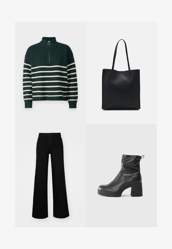 Pulover tricotat verde cu guler înalt, cu dungi albe orizontale, fermoar pe un sfert cu un mâner rotund de aur și manșete cu nervuri.; Pantaloni negri cu picioare largi, din denim, cu un brau structurat, bucle pentru curea și buzunare frontale. Textură netedă, cu un design clasic.; Bocanci negri de glezna din piele netedă, cu fermoar lateral, toc texturat și masiv, și design cu vârf rotund.; Geantă tote neagră din piele, cu textură netedă, formă rectangulară și două mânere lungi. Fără hardware vizibil sau ornamente.