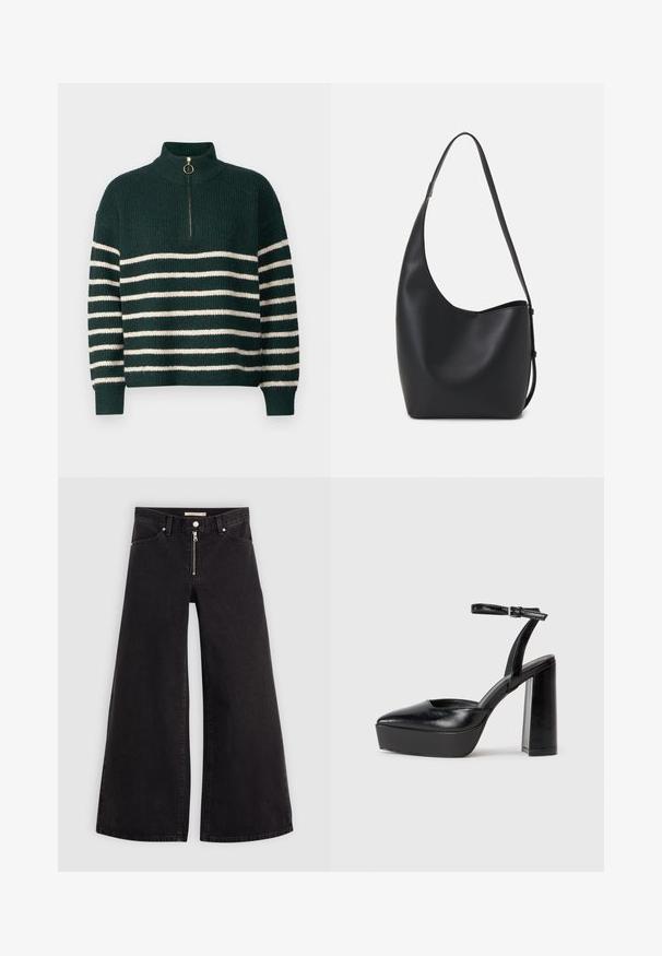 Grüner gestrickter Pullover mit hohem Kragen, horizontalen weißen Streifen, einem Viertelreißverschluss mit einem goldenen Ringanhänger und gerippten Bündchen.; Schwarze Denim-Jeans mit weitem Bein, Reißverschluss vorne, Fünf-Taschen-Design und dezenten Stickdetails. Glatte Textur und lässiger Stil.; Schwarze Plateau-High Heels mit spitzem Zeh und verstellbarem Knöchelriemen. Gefertigt aus glattem Leder und mit einem klobigen Blockabsatz.; Schwarze Leder-Hobo-Tasche mit einer glatten Textur, geschwungener Form und einem einzelnen verstellbaren Tragegurt; verfügt über eine weite Öffnung am oberen Ende.