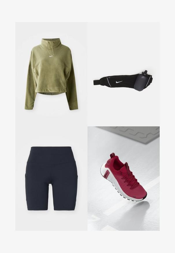 Olive roheline lühendatud fliispullov kõrgema kaelusega, paela ja esiküljel logoga. Omab pikki varrukasid ja tekstureeritud viimistlust.; Kõrgema vöökohaga tumesinised jalgrattapüksid, mis on valmistatud siledast ja elastest kangast. Omab küljetaskuid ja lamedaid õmblusi lisamugavuseks ja toetuseks.; Punane spordijalats tekstureeritud ülemise osa, paelte ja paksu valge tallaga. Omab kontrastset musta varbakorki ja logo küljes.; Mustmust vöö musta veepudeli hoidjaga, millel on reguleeritav rihm, esipinnal valge Nike logo, hall veepudeli hoidja ja valged aktsentõmblused.