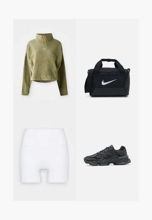 Maslinasto zeleni skraćeni polarni pulover s visokim izrezom, vezicom i prednjim logotipom. Ima duge rukave i teksturiranu površinu.; Bijele kratke hlače visokog struka napravljene od rastezljivog materijala. Karakteriziraju ih glatka tekstura i prilagođeni dizajn, bez dodatnih uzoraka ili hardvera.; Crne trkačke tenisice izrađene od kombinacije mrežastih i sintetičkih materijala, s debelim potplatom, zakrivljenim dizajnom i istaknutim brendom sa strane.; Crna torba na duffel s glatkim materijalom, dvostrukim zatvaračima, podstavljenim ručkama i velikim bijelim Nike logotipom sprijeda.