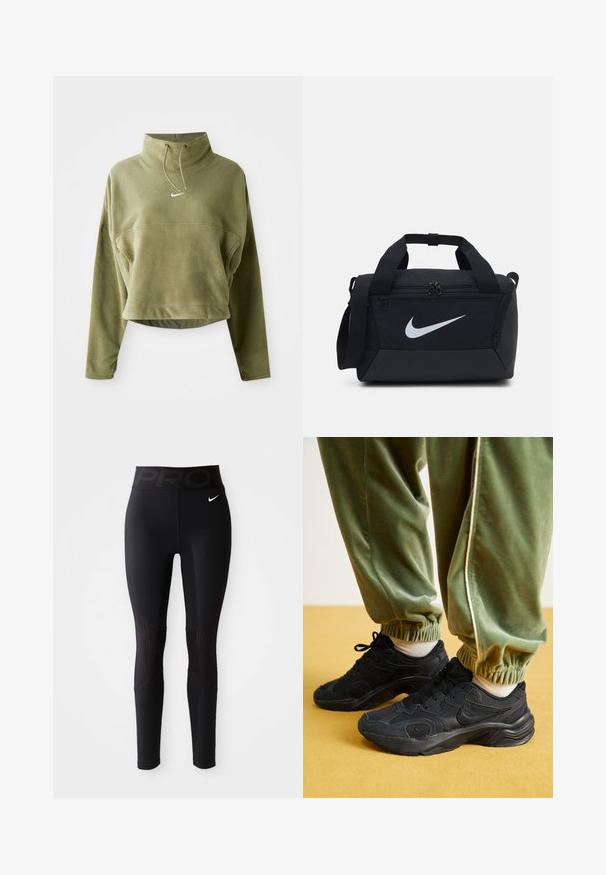 Olivengrøn cropped fleece-pullover med høj hals, snøre og logo foran. Har langeærmer og en tekstureret finish.; Sort atletiske leggings med en bred talje, der har "PRO" tekst, glat tekstur og ribbede detaljer på siderne for ekstra karakter.; Sorte sportssko med mesh og syntetiske overlay, struktureret sål, parret med grønne, elastiske svedbukser, på gul overflade.; Sort duffelbag i et glat stof, med dobbelt lynlåslommer, polstrede håndtag og et stort hvidt Nike-logo på forsiden.