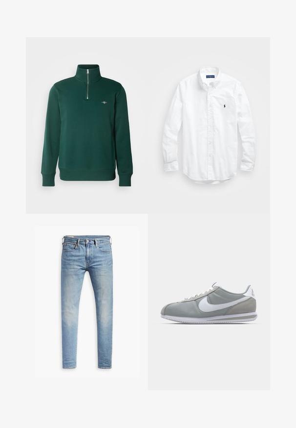 Zelená zip-up mikina s vysokým límcem. Má dlouhé rukávy a malou nášivku na hrudi. Měkká, hladká tkanina.; Bílá košile s dlouhým rukávem a knoflíkovým zapínáním vyrobená z bavlny. Má klasický límec, knoflíkové manžety a malé námořnické vyšívané logo na hrudi.; Světle modré slim-fit džíny s mírným vyblednutím na stehnech, zapínání na knoflík vpředu, poutka na opasek a pět kapes na bílém pozadí.; Šedá sportovní bota s svrchní částí z semiše a textilu, bílým logem Nike a bílými tkaničkami. Obsahuje texturovanou gumovou podrážku a polstrovaný límec.