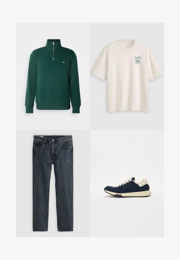 Zöld zipzáros pulóver. Magas gallérral, hosszú ujjakkal és kis logóval a mellkason. Puha, sima anyag.; Fehér, rövid ujjú pamut póló, bal mellrészen zöld Lev's logóval és felirattal. Laza szabás, sima tapintású anyag.; Sötétkék farmernadrág, egyenes lábú fazonnal, öt zsebbel és gombos zipzárral. Az anyag enyhe kopást és textúrát mutat.; Sötétkék sneaker texturált velúr felsőrésszel, krémszínű fűzőkkel és bézs középtalppal. Klasszikus sportos dizájnnal és gumitalppal rendelkezik.