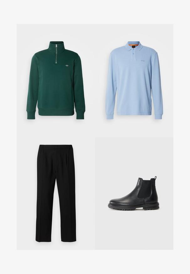 Sweatshirt verde com fecho éclair. Apresenta um colarinho alto, mangas longas e um pequeno logótipo no peito. Tecido macio e suave.; Camisa polo de manga longa azul claro em tecido texturizado, com colarinho e placket de dois botões, apresentando o logótipo bordado "BOSS" no peito.; Calças pretas feitas de um tecido suave, com um cós elástico, design de perna reta e dois pregues frontais para um detalhe adicional.; Bota Chelsea preta em couro com painéis laterais elásticos, alça de puxar, bico arredondado e sola robusta com ranhuras para tração.