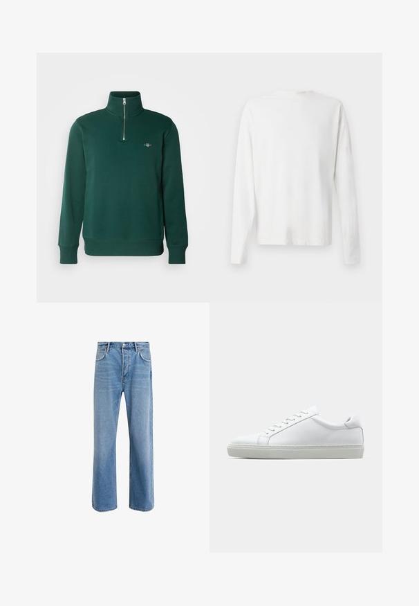 Green zip-up pullover sweatshirt. Features a high collar, long sleeves, and a small logo on the chest. Soft, smooth fabric.; Long-sleeved white cotton shirt with a round neckline, side slits at the bottom, and a smooth texture, displayed from the back.; Light blue denim jeans with a straight-leg design, five pockets, button closure, minimal fading, and contrasting stitching details.; White sneaker with a smooth leather upper and a low profile. Features a rounded toe, six eyelets, and a textured rubber sole.