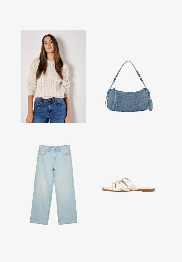 Hellbeiger Strickpullover mit Rundhalsausschnitt und strukturiertem Muster, kombiniert mit hoch taillierten blauen Jeans.; Helle blaue, weite Jeans aus Denim mit hoher Taille, fünf Taschen und subtilen Ausbleichungen. Gerader Schnitt mit gesäumten Kanten.; Flache Sandalen mit einer honigfarbenen Gummisohle, gestaltet mit drei überlappenden weißen Lederriemen und einem kleinen Schleifendetail in der Mitte.; Denim-Handtasche mit geschwungener Form, hellblauer Farbe, verstellbarem Schultergurt und einem kleinen abnehmbaren Täschchen mit metallischen Akzenten.