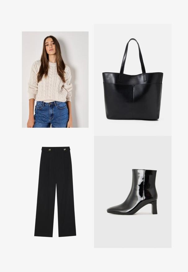 Hellbeiger Strickpullover mit Rundhalsausschnitt und strukturiertem Muster, kombiniert mit hoch taillierten blauen Jeans.; Schwarze weite Hosen mit hoher Taille, Knopfdetails am Bund und vorderen Falten.; Schwarzer Lackleder-Stiefelette mit spitzer Zehe und einem mittelhohen Blockabsatz. Glatte Textur und minimalistisches Design.; Schwarze Leder-Shopper-Tasche mit zwei langen Griffen, einer glatten Textur und einer strukturierten Form. Verfügt über eine Vordertasche für zusätzlichen Stauraum.