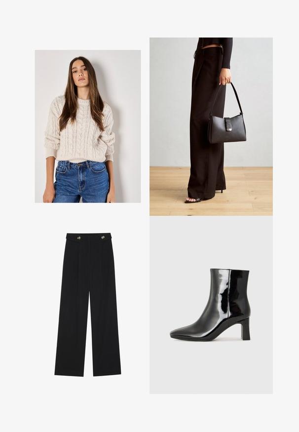 Vaalean beige-neulepaita, jossa on pyöreä pääntie ja teksturoitu kuvio, yhdistettynä korkeavyötäröisiin sinisiin farkkuihin.; Mustat leveälahkeiset housut, joissa on korkea vyötärö, napit vyötärönauhassa ja etupuolella laskokset.; Musta patenttilakattu nilkkuri, jossa on terävä kärki ja keskipitkä lohkarekorko. Silkkinen pinta ja minimalistinen muotoilu.; Musta käsilaukku, jossa on rakenteellinen muoto, sileä pinta ja metallinen solki. Yhdistetty leveisiin mustiin housuihin ja avonaiheisiin sandaaleihin puulattialla.