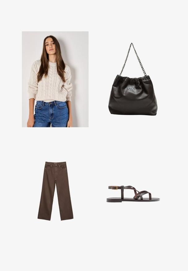 Maglione a treccia in beige chiaro con scollatura rotonda e motivo testurizzato, abbinato a jeans in denim blu a vita alta.; Jeans a gamba larga marroni in denim, con vita alta, tasche anteriori e chiusura a bottone classica. Tessuto liscio con cuciture sottili.; Sandal in pelle marrone con cinturini incrociati, chiusura con cinturino alla caviglia e suola piatta con dettagli di cucitura minimi.; Borsa in pelle marrone con parte superiore arricciata e tracolla a catena. Texture liscia con finitura lucida e dettagli di cucitura sottili sui lati.
