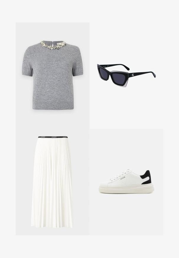 Grijze trui met korte mouwen van een gestructureerde stof. Heeft een decoratieve geborduurde halslijn en een ritssluiting aan de achterkant.; Plisséminirok in het wit met een zwarte elastische tailleband met het "LACOSTE"-logo. Middellange ontwerp met een zachte textuur.; Witte leren sneakers met een dikke witte zool, zwarte suède hielaccent en een geperst logo op de zijkant. Vetersluiting met zes oogjes.; Zwarte oversized zonnebril met een geometrische vorm, voorzien van donkere glazen en een contrasterend grijs detail op het montuur. Logo op de arm.