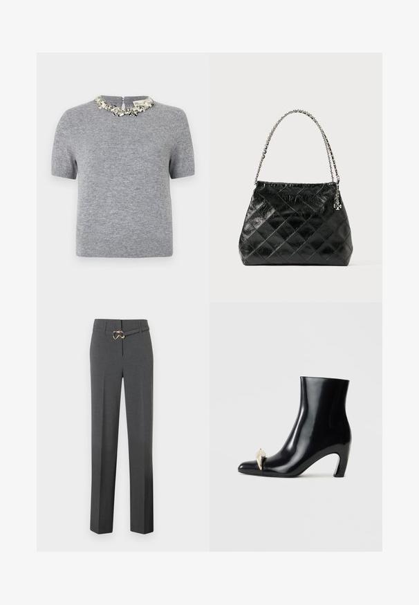 Grå kortærmet sweater med struktureret stof. Har en dekorativ perlekrave og en lynlåslukning bagpå.; Mørkegrå skræddersyede kvindebukser med lige ben og et tyndt matchende bælte med en guldfarvet spænde.; Sort ankelstøvle lavet af blank læder, med spids tå og en dekorativ guld- og sølvaccent foran. Design med blokhæle.; Sort quiltet læderhåndtaske med et sølvfarvet kædehåndtag, der har et struktureret design og en glat tekstur.