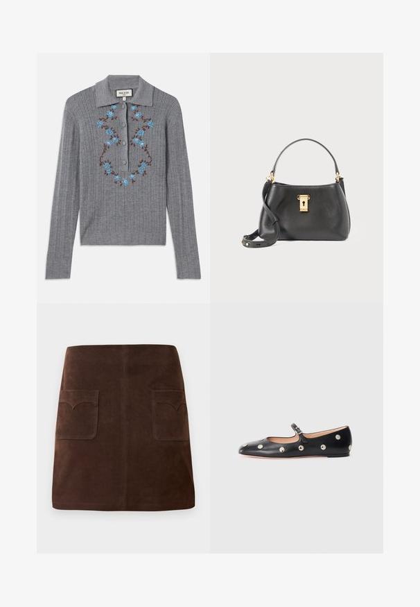 Grijze geribbelde gebreide cardigan met een kraag, knopen aan de voorzijde en geborduurde blauwe bloemen op de borst. Gestructureerde stof en aansluitende stijl.; Bruin suède rok met een klassieke A-lijn vorm, twee voorzakken met ronde kleppen en subtiele stikdetails.; Zwarte leren Mary Jane ballerina met een ronde neus, voorzien van zilveren ronde studs en een verstelbaar bandje met een gesp.; Zwarte leren handtas met een gestructureerde afwerking, voorzien van een gouden slotsluiting, een korte handgreep en een afneembare schouderriem.