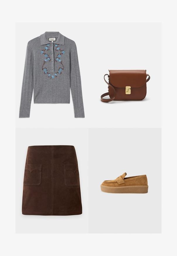 Grå ribbet strik cardigan med kravehals, knapper ned foran og broderede blå blomster på brystet. Strukturering i stoffet og tætsiddende stil.; Mørkebrun ruskindnederdel med en klassisk A-formet silhuet, to forreste lommer med rundede klapper og subtile syninger.; Brune ruskinds loafers med rund tå, der har en ribbet platformssål og et dekorativt bånd henover overdelen.; Brun læder håndtaske med flaplukning, hardware i gyldent tone, en skulderrem og en glat overflade. Kompakt rektangulær form.