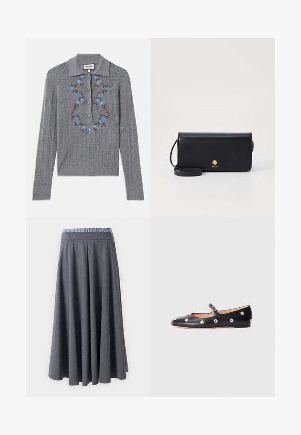 Cardigan grigio a costine con colletto, bottoni sul davanti e fiori blu ricamati sul petto. Tessuto testurizzato e stile aderente.; Pantaloni a vita alta, grigio scuro, a gamba larga con un leggero motivo a quadri e una cintura a righe blu e bianche, esposti appesi su uno sfondo bianco.; Scarpa flat nera in pelle tipo Mary Jane con punta arrotondata, caratterizzata da borchie circolari argentate e una fascia regolabile con fibbia.; Portafoglio in pelle nera con una forma rettangolare slim, caratterizzato da un logo dorato. Include una tracolla staccabile per una maggiore comodità nel trasporto.