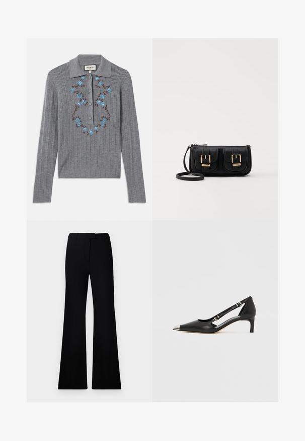 Pelēks ribots adīts kardigans ar apkakli, pogām priekšpusē un izšūtām zilo ziedu detaļām uz krūtīm. Strukturēta auduma un pieguļošs stils.; Melnas paplašinātas bikses ar gludu tekstūru, pielāgotu jostasvietu un priekšējām kabatām, veidotas ar elegantu, mūsdienīgu siluetu.; Melns ādas kurpju pāris ar zemu papēdi, smailu sudraba purngali un diviem sprādzēm uz balta fona.; Melnas ādas crossbody soma ar divām priekšējām kabatām, zelta sprādzēm, ar rāvējslēdzēju aizdari un šauru siksnu. Strukturēta virsma un kompakta taisnstūra forma.