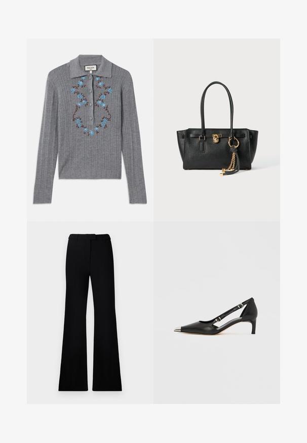 Grau gerippter Strickcardigan mit Kragen, Knöpfen auf der Vorderseite und gestickten blauen Blumen auf der Brust. Strukturierter Stoff und taillierter Schnitt.; Schwarze ausgestellte Hose mit einer glatten Textur, tailliertem Bund und Fronttaschen, entworfen mit einer eleganten, modernen Silhouette.; Schwarzer Lederschuh mit Katzenabsatz, spitzer silberner Zehenkappe und doppelten Schnallenriemen vor weißem Hintergrund.; Schwarze Lederhandtasche mit doppelten Griffen, goldfarbener Verschluss- und Kettendetails sowie einem schwarz-weißen Quastenaccessoire vor weißem Hintergrund.