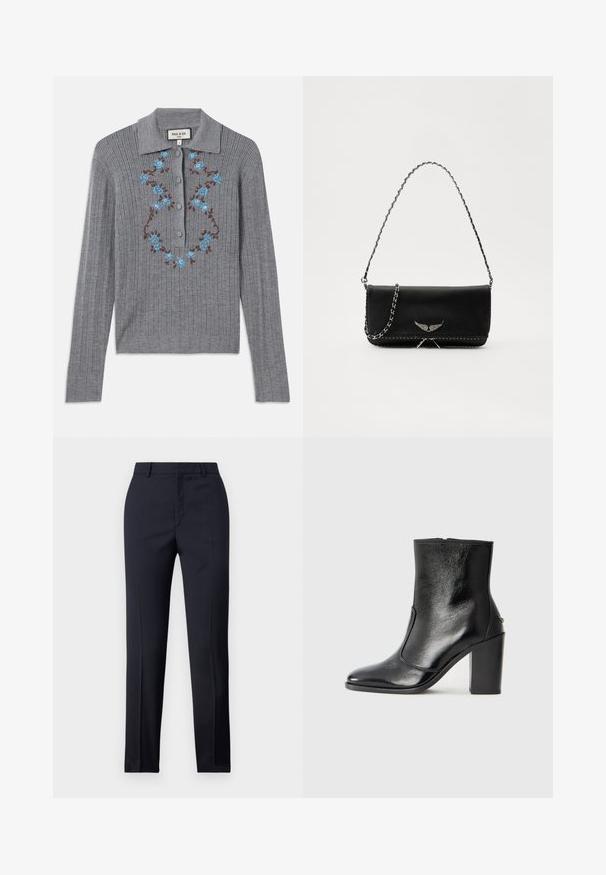 Pelēks ribots adīts kardigans ar apkakli, pogām priekšpusē un izšūtām zilo ziedu detaļām uz krūtīm. Strukturēta auduma un pieguļošs stils.; Jūras spēku stila bikses ar taisnu griezumu, ar gludu tekstūru, divām priekšējām kabatām un tīru jostas vietu.; Melnas ādas potīšu zābaki ar gludu tekstūru, smailu purngalu un masīlu augstu papēdi. Iekļauts sānu atvērums un minimālistisks dizains.; Melnas ādas rokassomā ar sudraba ķēdes siksnu, kurai ir dekoratīvi spārnu akcenti un baltā šuvēšana apakšējā šuvē.