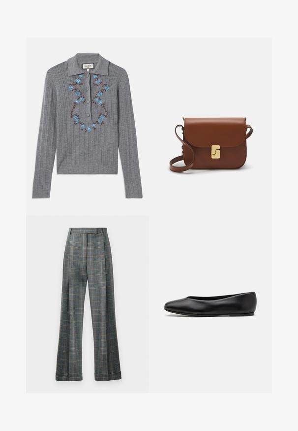 Grå ribbet strik cardigan med kravehals, knapper ned foran og broderede blå blomster på brystet. Strukturering i stoffet og tætsiddende stil.; Rutet bukser med en farvesammensætning i blå, grå og orange, bred ben design og pressed folds; lavet af et struktureret stof.; Paul Smith TOPANGA - Ballerinasko - black; Brun læder håndtaske med flaplukning, hardware i gyldent tone, en skulderrem og en glat overflade. Kompakt rektangulær form.