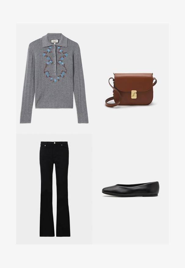 Grau gerippter Strickcardigan mit Kragen, Knöpfen auf der Vorderseite und gestickten blauen Blumen auf der Brust. Strukturierter Stoff und taillierter Schnitt.; Schwarze, ausgestellte Jeans aus Denim, ausgestattet mit zwei Fronttaschen, einem Knopfverschluss und einer glatten Oberfläche. Signatur-Nähte an den Nähten sichtbar.; Paul Smith TOPANGA - Klassischer Ballerina - black; Braune Ledertasche mit Klappenverschluss, Beschlägen in Goldfarbe, einem Schultergurt und einer glatten Oberfläche. Kompakte rechteckige Form.