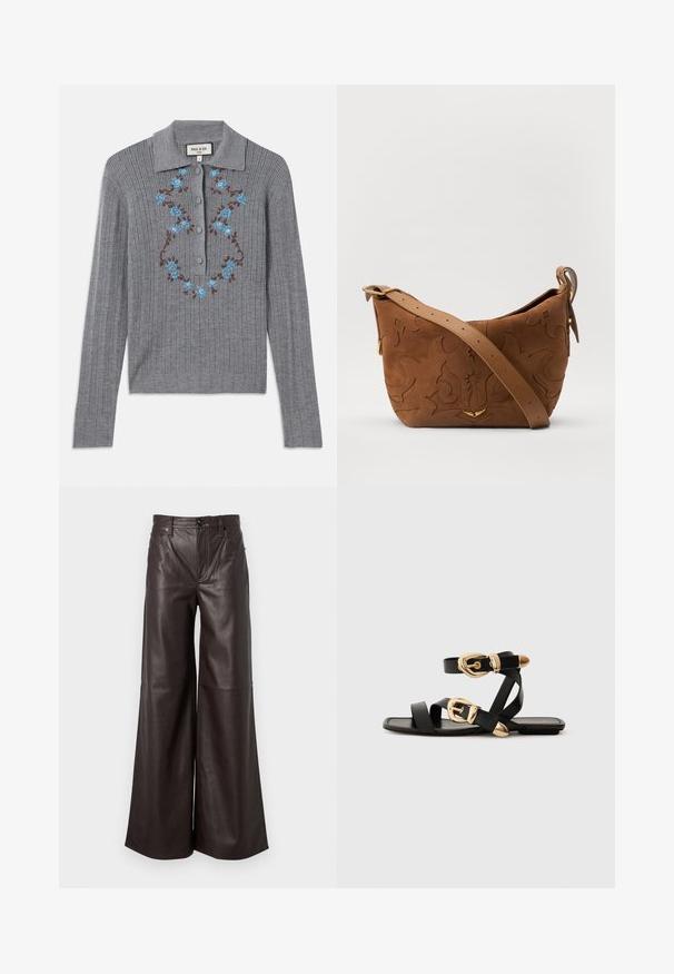 Hallikas sooniknitt kardigan, millel on kaelus, nupud ees ja sinised lillemotiivid rinnal. Tekstuuriga kangas ja liibuv stiil.; Tumed pruunist nahast laiad püksid kõrge vöökohaga, millel on ees taskud, tõmblukk ja nööbid vöö jaoks. Sile tekstuur.; Mustad nahast sandaalid kuldsete pandlitega, millel on mitmed rihmad ja lame talladisain avatud varba jaoks.; Pruun sametist õlavarre kott, millel on reljeefne lillemuster, mida täiendab sile pruun nahast rihm ja kuldse tooni lisandid.