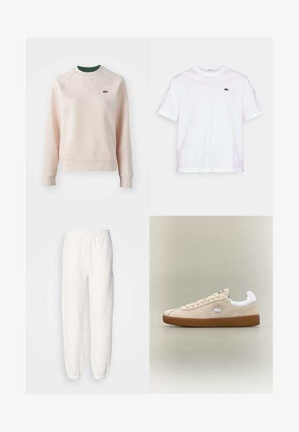 Ανοιχτό ροζ φούτερ με πράσινη ριγωτή κολάρα, διαθέτει ένα μικρό κεντημένο λογότυπο κροκόδειλου, υφαντό ύφασμα και ριγωτές μανσέτες και στρίφωμα.; Λευκό βαμβακερό T-shirt με στρογγυλή λαιμόκοψη και κοντά μανίκια. Διαθέτει ένα πράσινο κεντημένο λογότυπο στο στήθος. Μαλακή υφή, άνετη εφαρμογή.; Λευκά φόρμας από μαλακό, πλεγμένο ύφασμα. Ελαστική μέση και μανσέτες προσφέρουν άνετη εφαρμογή. Μινιμαλιστικός σχεδιασμός, χωρίς ορατά σχέδια ή αξεσουάρ.; Μπεζ σουέτ αθλητικά παπούτσια με λευκές λεπτομέρειες και καουτσούκ σόλα. Διαθέτουν ανάγλυφο λογότυπο στο πλάι και αντίθετες μπεζ κορδόνες. Κλασικός σχεδιασμός.