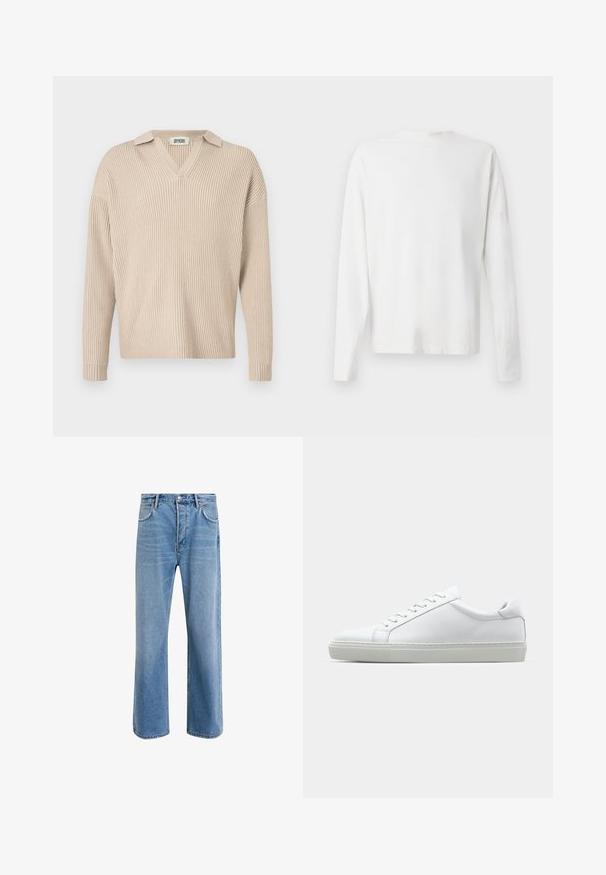 Pullover a coste beige con scollo a V e colletto, dotato di maniche lunghe e una vestibilità rilassata, realizzato in un tessuto morbido e testurizzato.; Camicia bianca in cotone a maniche lunghe con scollatura rotonda, spacchi laterali in fondo e una texture liscia, mostrata da dietro.; Jeans in denim blu chiaro con design a gamba dritta, cinque tasche, chiusura con bottone, leggero sbiadimento e dettagli di cucitura a contrasto.; Sneaker bianco con tomaia in pelle liscia e profilo basso. Presenta una punta arrotondata, sei occhielli e una suola in gomma testurizzata.