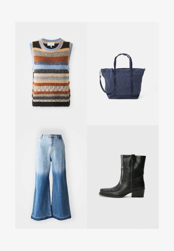Knit sleeveless sweater featuring multicolored horizontal stripes in browns, blues, and creams; contrast textured and smooth sections.; Light blue, long-sleeved cropped shirt with a button-down collar, single chest pocket, and subtle logo on the lower side. Smooth texture.; Light blue denim wide-leg jeans featuring a faded gradient from light to dark, stitched hem, and five-pocket design.; Black leather ankle boot with a rounded toe, block heel, side zipper, and stitching accents on the vamp. Smooth texture, classic design.; Navy denim tote bag with dual handles, detachable strap, zip closure, and textured finish; features a structured, spacious design.
