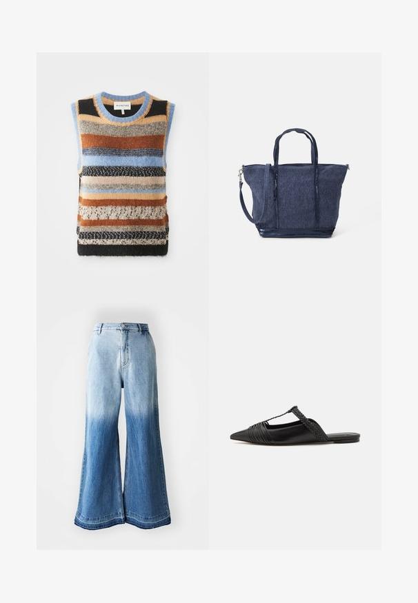 Strickweste ohne Ärmel mit mehrfarbigen horizontalen Streifen in Braun, Blau und Creme; kontrastierende strukturierte und glatte Abschnitte.; Himmelblaues, langärmliges, kurzes Hemd mit einem Button-Down-Kragen, einer einzelnen Brusttasche und dezentem Logo an der unteren Seite. Glatte Textur.; Hellblaue Denim-Breitbein-Jeans mit einem verblassten Farbverlauf von hell nach dunkel, gesticktem Saum und Five-Pocket-Design.; Schwarzer Leder-Slingback-Schuh mit spitzem Zehenbereich, ausgestattet mit einem geflochtenen Akzent und einem gefalteten Oberdesign. Flache Sohle mit minimalem Zubehör.; Navy Denim Tragetasche mit doppelten Griffen, abnehmbarem Gurt, Reißverschluss und strukturiertem Finish; zeichnet sich durch ein strukturiertes, geräumiges Design aus.