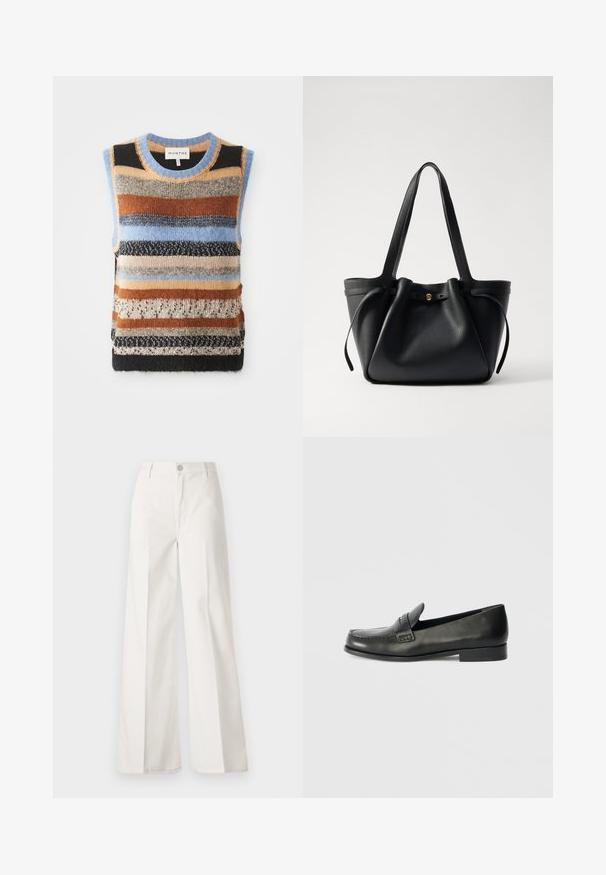 Adīta bez piedurknēm džemperis ar daudzkrāsainām horizontālām svītrām brūnā, zilā un krēmkrāsā; kontrastējošas teksturētas un gludas daļas.; Baltas platfita bikses, izgatavotas no kokvilnas ar gludu tekstūru. Aprīkotas ar priekšējo pogu, rāvējslēdzēju un četru kabatu dizainu.; Melnas ādas loafers ar noapaļotu purngalu, paaugstinātiem izšuvumiem un zemu sakrautu papēdi. Gluda tekstūra ar smalku spīdumu.; Melna ādas roku soma ar divām garām siksnām, savilktu augšpusi un zelta apļveida akcentu. Gluda tekstūra ar minimālistisku dizainu.
